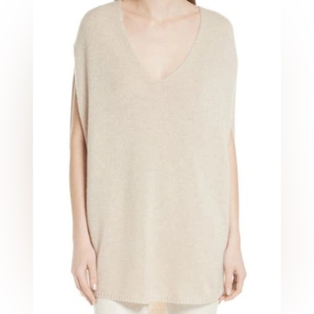 Theory V-neck Cashmere Cape Sweater Warm Stone Size Medium Repaired FLAW